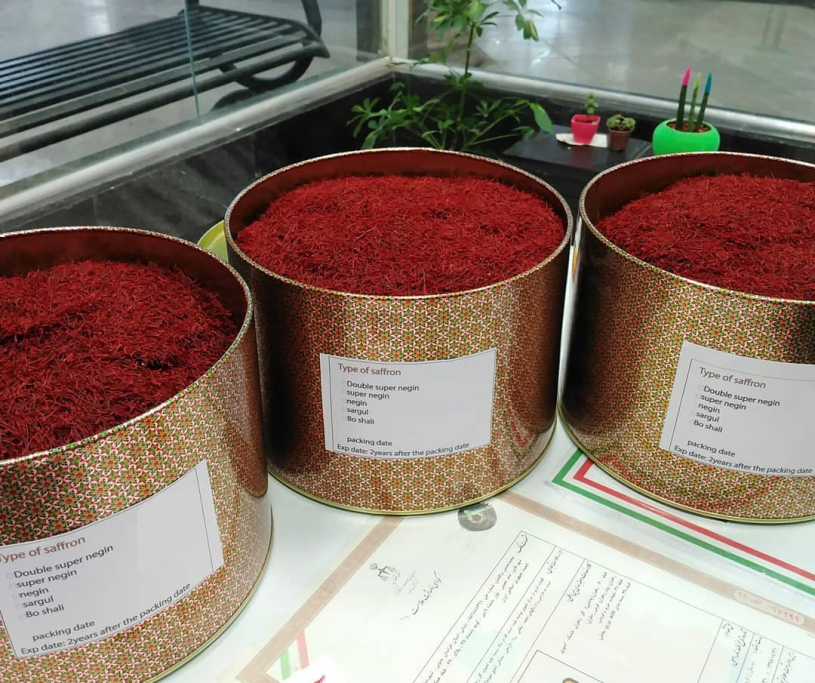 Large metal boxes of Iranian saffron for export